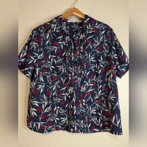 Alfred Dunner Red White And Blue Floral Short Sleeve Button Down Blouse Size 16